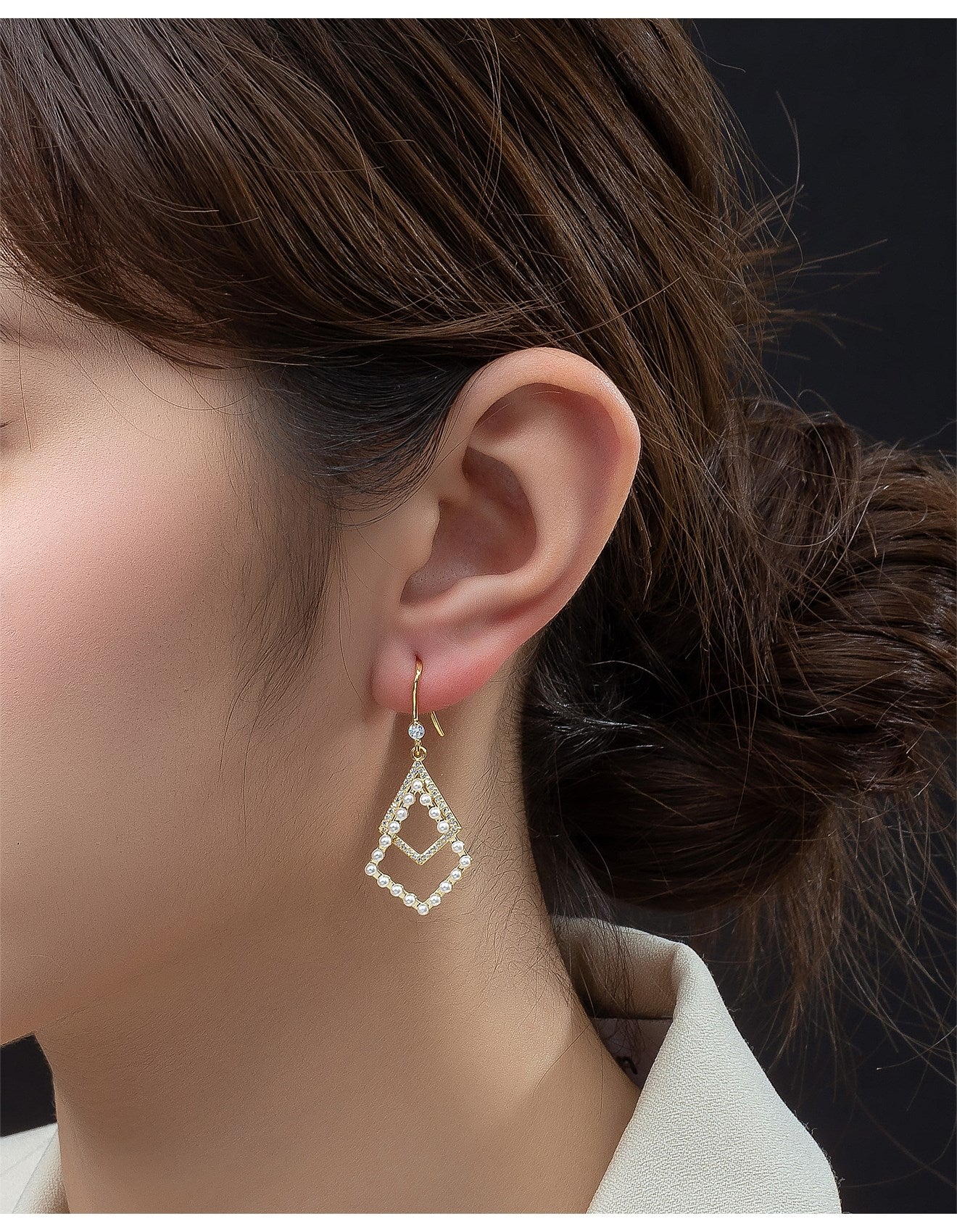 Gregory Ladner Diamond Shape Drop Pearl CZ Earring