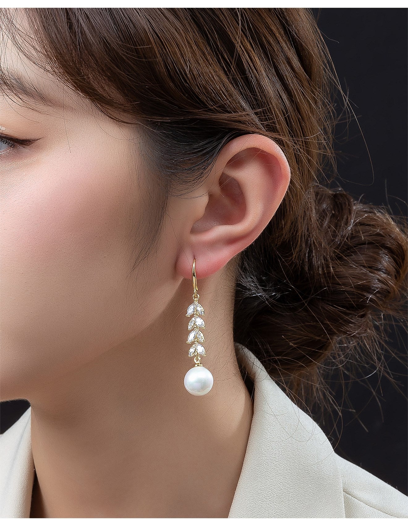 Gregory Ladner CZ Leaf Drop Pearl Earring